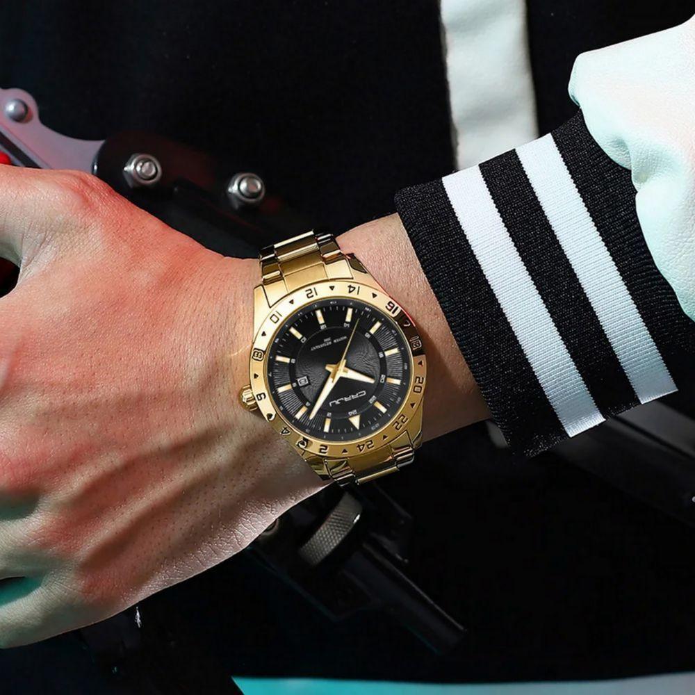 Relógio De Pulso Masculino Quartzo Design Esportivo Impermeavel 3atm Data Automatica Preto Dourado - 2