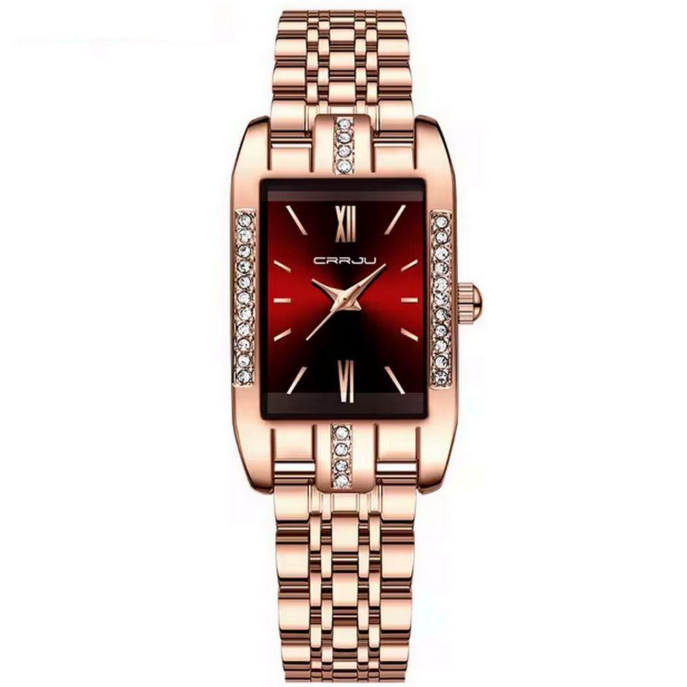 Relógio De Quartzo Feminino Design Quadrado Bracelete De Aço Inoxidável Impermeavel 3atm Vermelho - 1