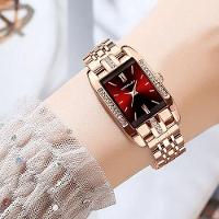 Relógio De Quartzo Feminino Design Quadrado Bracelete De Aço Inoxidável Impermeavel 3atm Vermelho - 4