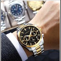 Relógio Masculino De Pulso Quartzo Multifunção Esportivo Em Aço Inoxidável Impermeavel Preto Dourado - 3