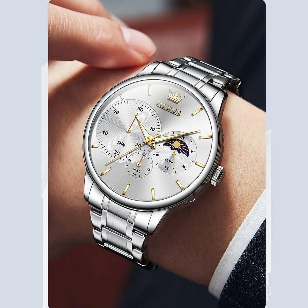 Relógio Masculino De Aço Inoxidável Com Cronógrafo De Quartzo Impermeavel Branco Dourado - 2