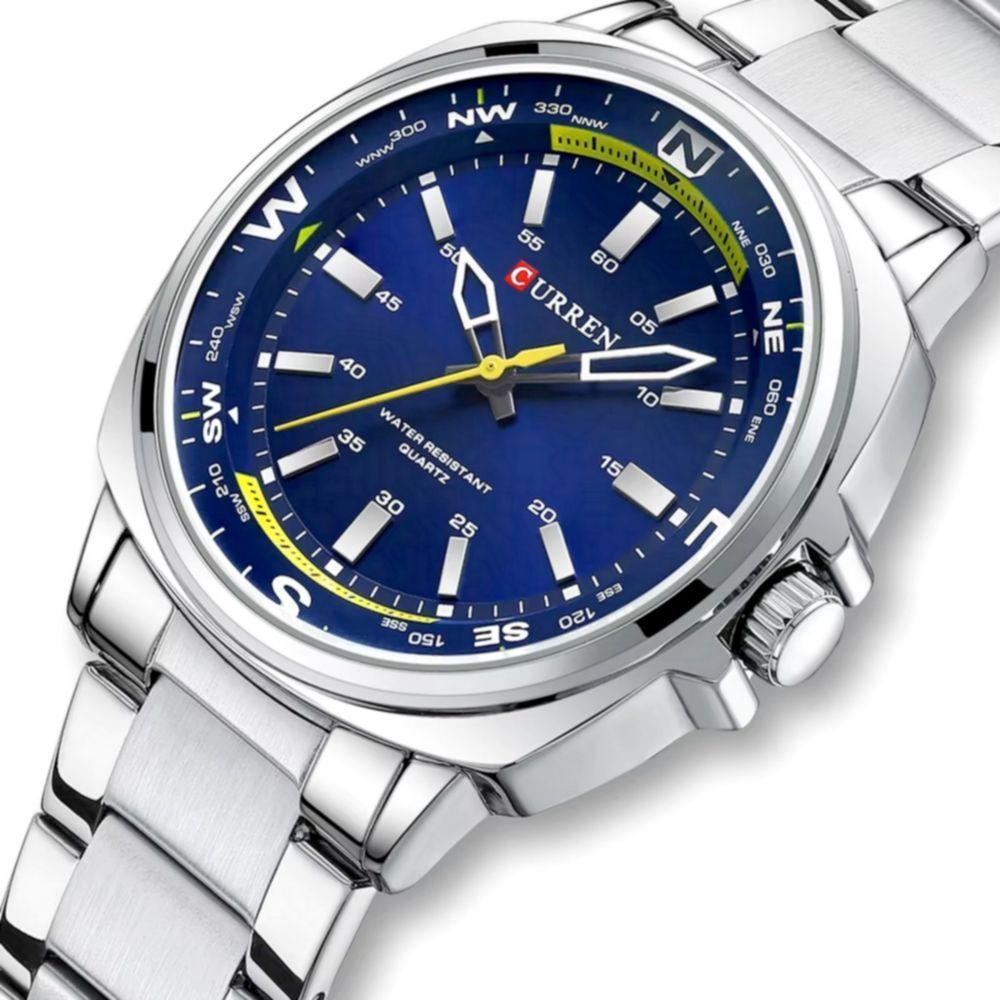 Relógio De Quartzo Masculino Display Analógico, Pulseira De Aço Inoxidável Impermeavel Prata Azul - 2