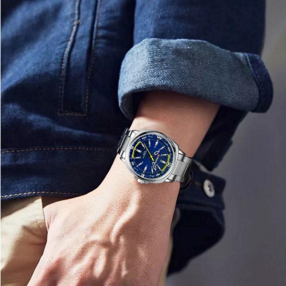 Relógio De Quartzo Masculino Display Analógico, Pulseira De Aço Inoxidável Impermeavel Prata Azul - 3