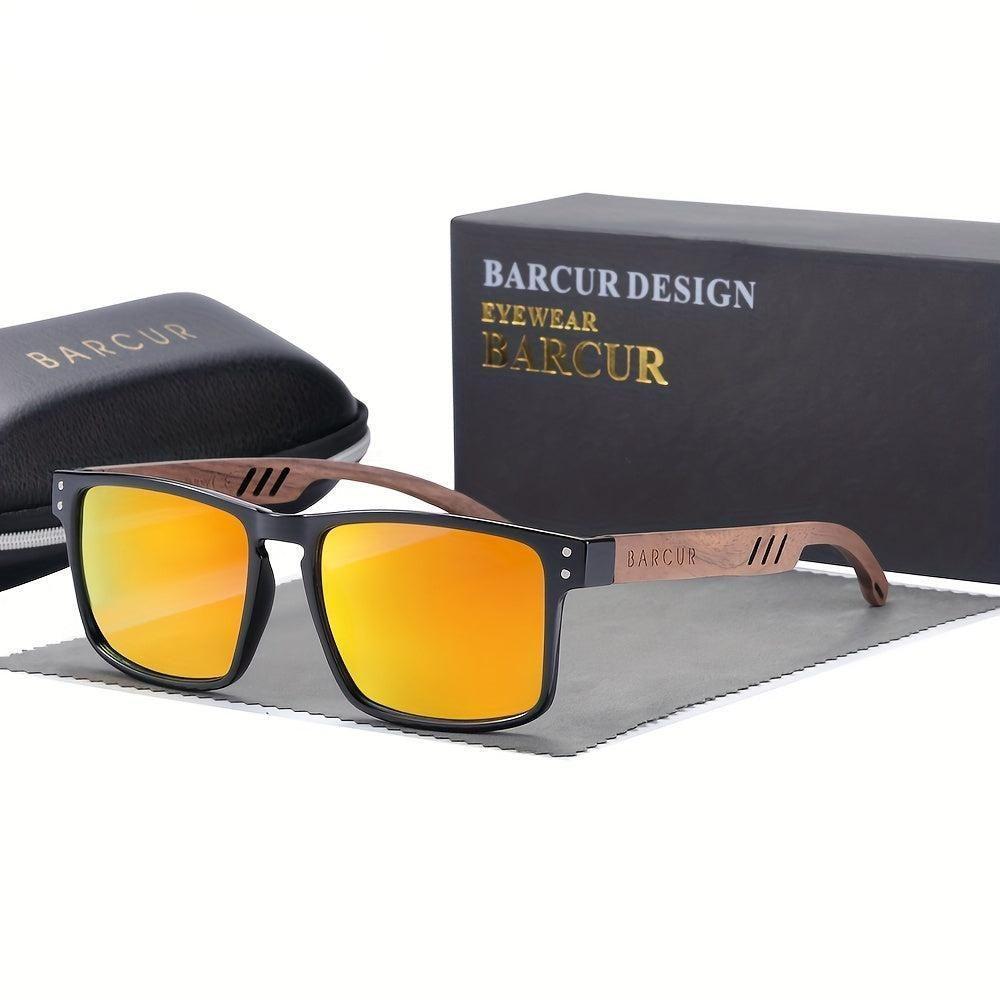 Óculos Em Design De Madeira Natural Com Lentes Degradê Laranja - 1