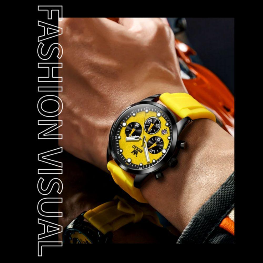 Relógio De Quartzo Masculino Pulseira De Silicone Multifuncional Impermeável Amarelo - 3