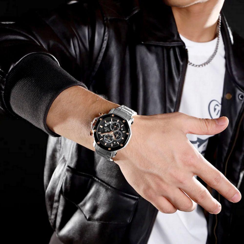 Relógio De Quartzo De Aço Inoxidável Masculino Impermeável Luminoso Esportivo Prata Dourado - 2