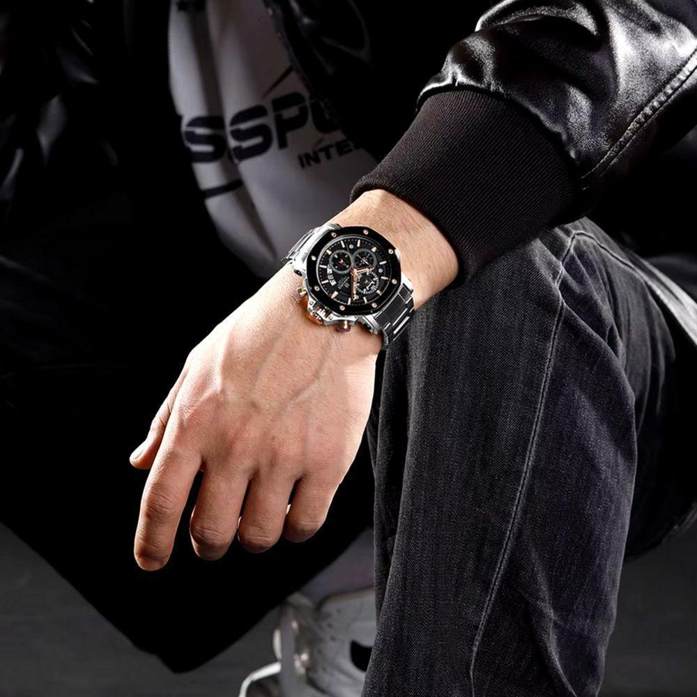 Relógio De Quartzo De Aço Inoxidável Masculino Impermeável Luminoso Esportivo Prata Dourado - 4