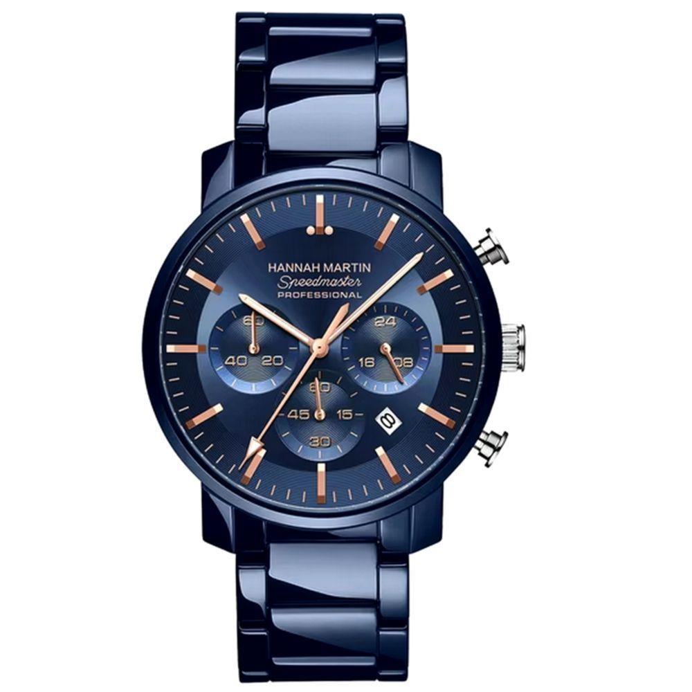 Relógio Masculino De Quartzo Multifuncional Em Aço Inoxidável à Prova D'água Azul Dourado - 1