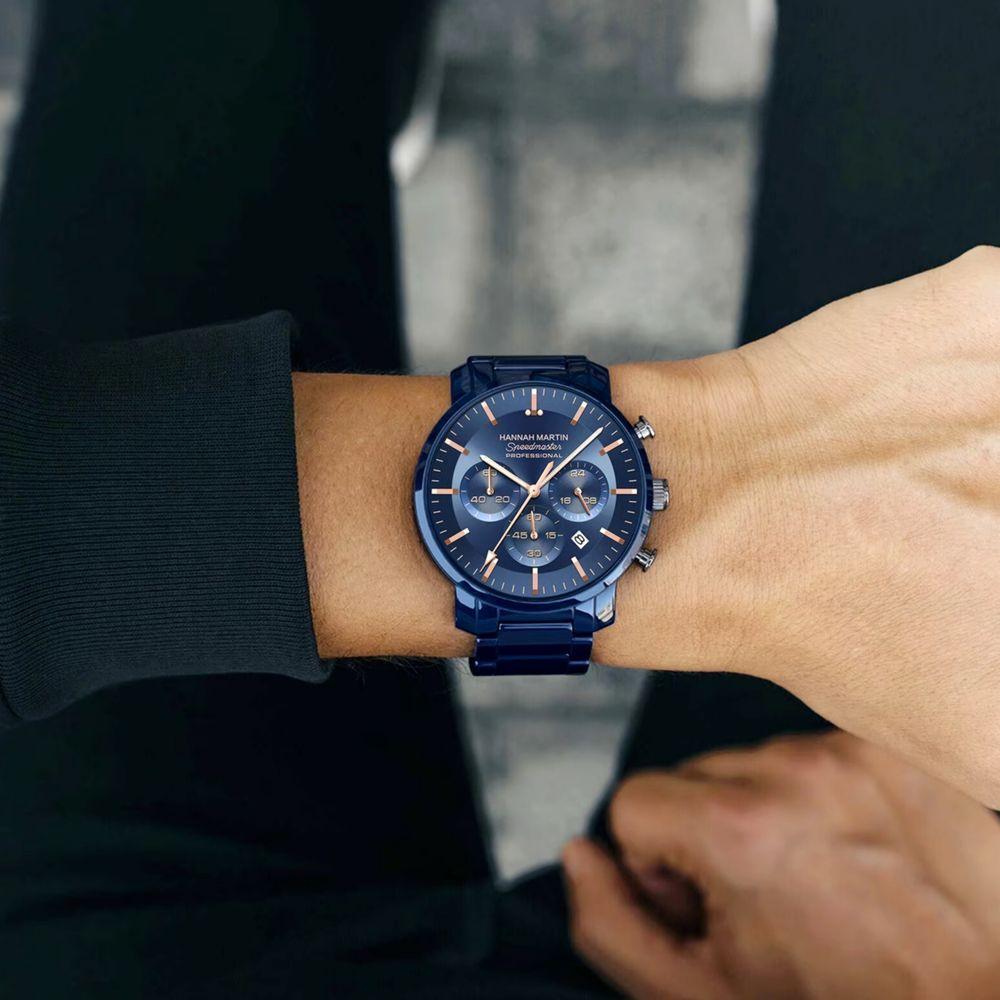 Relógio Masculino De Quartzo Multifuncional Em Aço Inoxidável à Prova D'água Azul Dourado - 3