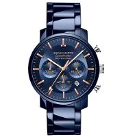 Relógio Masculino De Quartzo Multifuncional Em Aço Inoxidável à Prova D'água Azul Dourado - 1