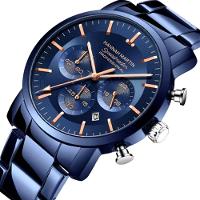 Relógio Masculino De Quartzo Multifuncional Em Aço Inoxidável à Prova D'água Azul Dourado - 2