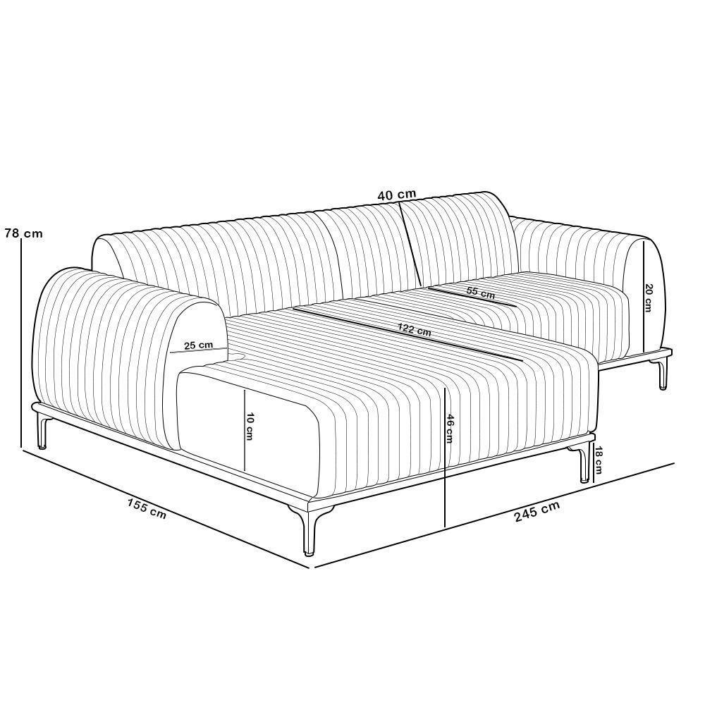 Sofá 3 Lugares Chaise Esquerdo Sala Molino 245cm D02 Pés de ouro Prime Bouclê Mostarda Pb-03 - 3