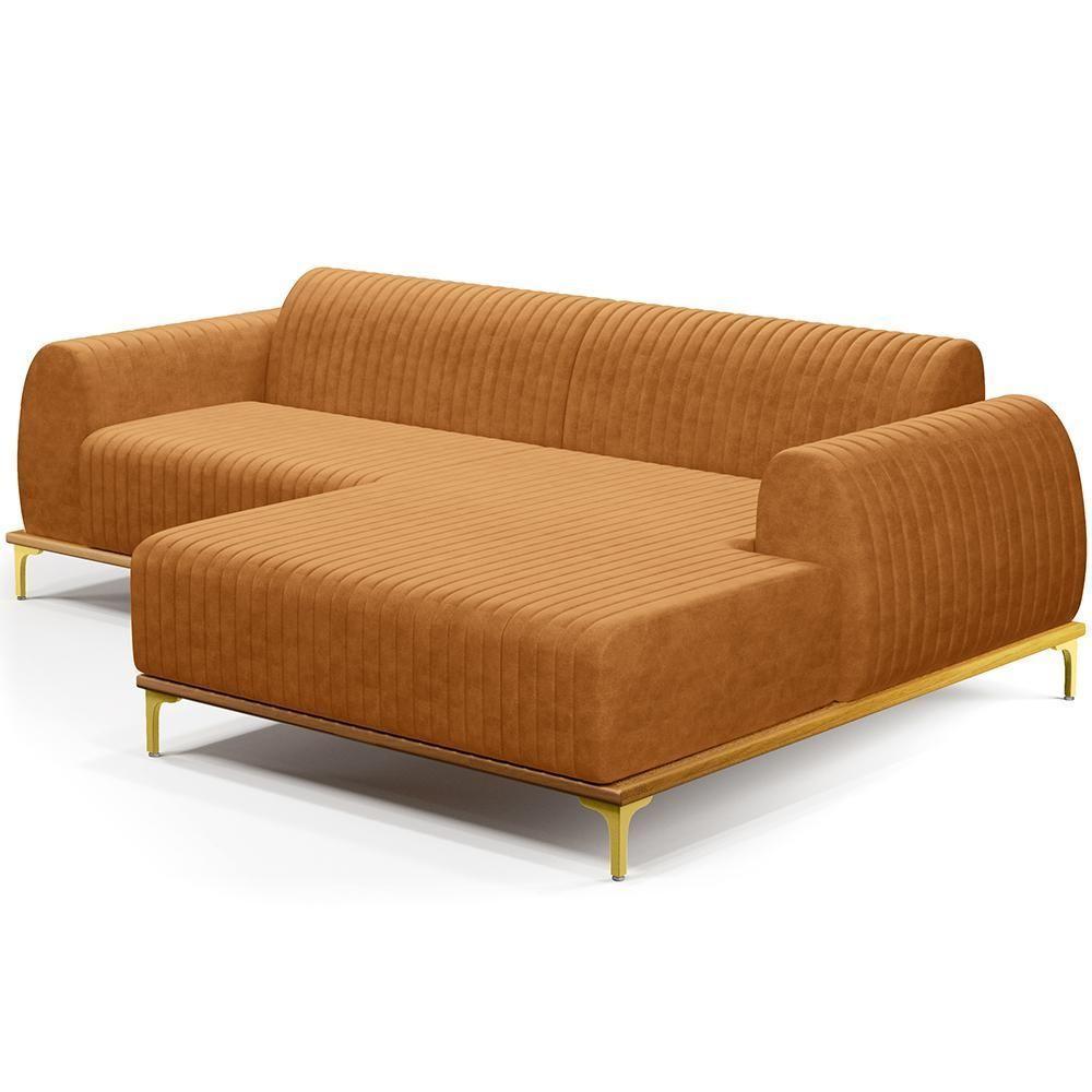 Sofá 3 Lugares Chaise Direito Sala Molino 230cm D02 Pés de ouro Couríssimo Whisky B-90 - 1