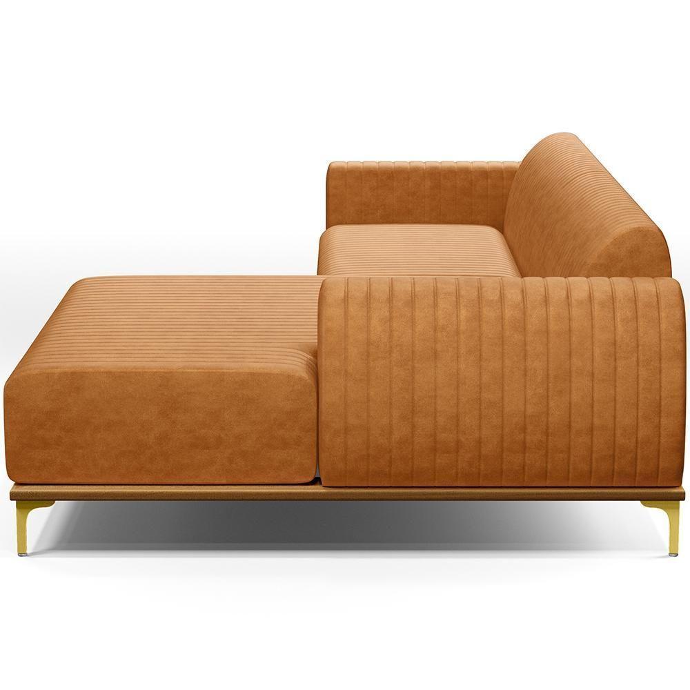 Sofá 3 Lugares Chaise Direito Sala Molino 230cm D02 Pés de ouro Couríssimo Whisky B-90 - 2
