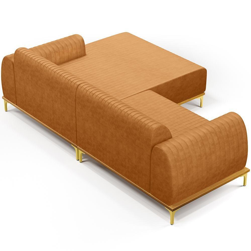 Sofá 3 Lugares Chaise Direito Sala Molino 230cm D02 Pés de ouro Couríssimo Whisky B-90 - 4