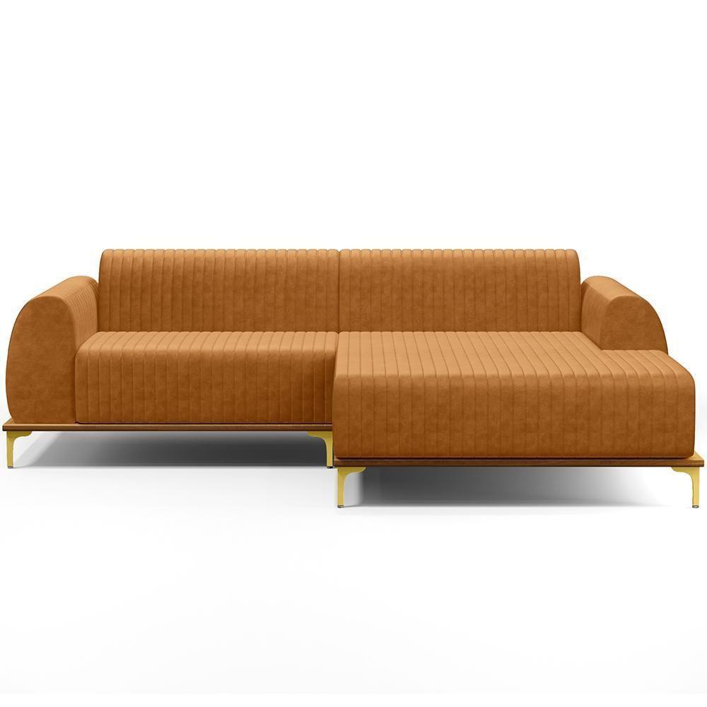 Sofá 3 Lugares Chaise Direito Sala Molino 230cm D02 Pés de ouro Couríssimo Whisky B-90 - 7