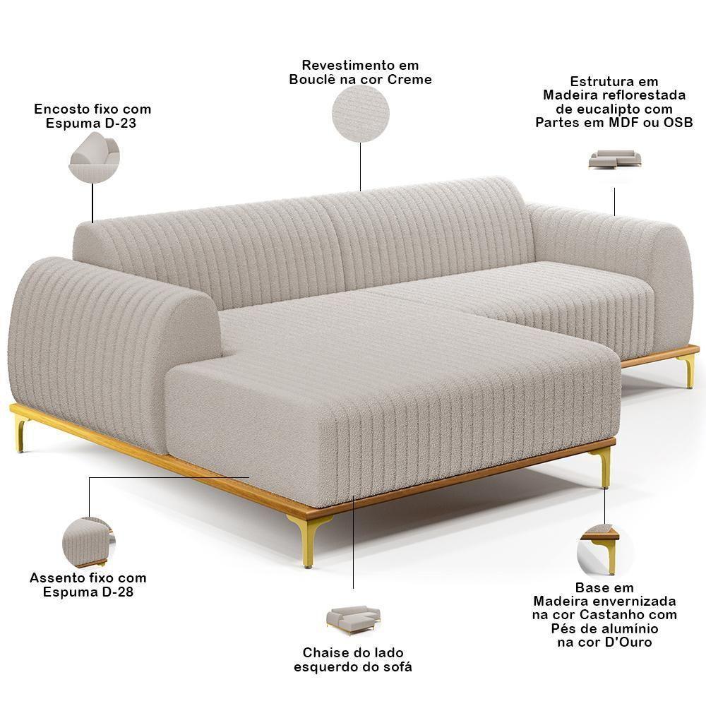 Sofá 3 Lugares Chaise Esquerdo Sala Molino 245cm D02 Pés de ouro Bouclê Creme B-54 - 1