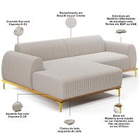 Sofá 3 Lugares Chaise Esquerdo Sala Molino 245cm D02 Pés de ouro Bouclê Creme B-54 - 1