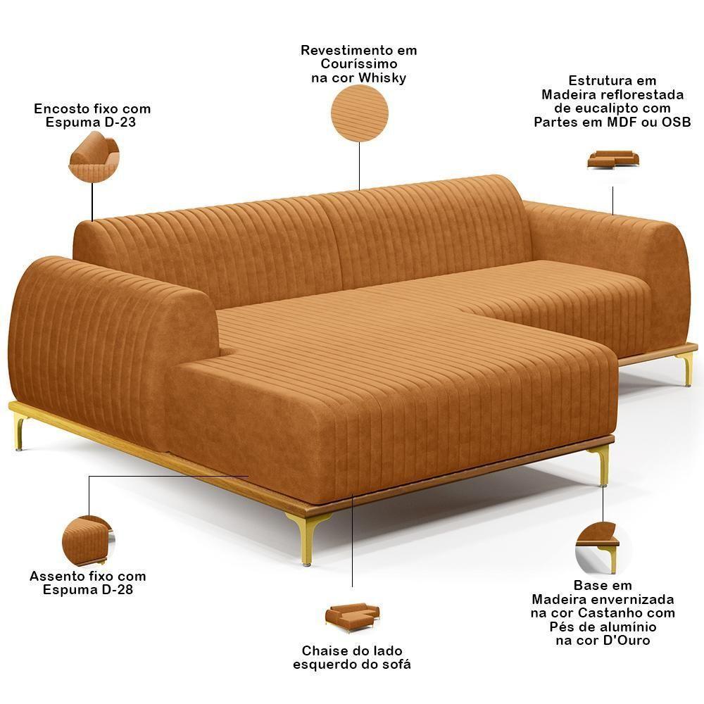 Sofá 3 Lugares Chaise Esquerdo Sala Molino 245cm D02 Pés de ouro Couríssimo Whisky B-90 - 7