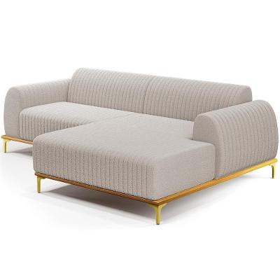 Sofá 3 Lugares Chaise Direito Sala Molino 230cm D02 Pés de ouro Bouclê Creme B-54