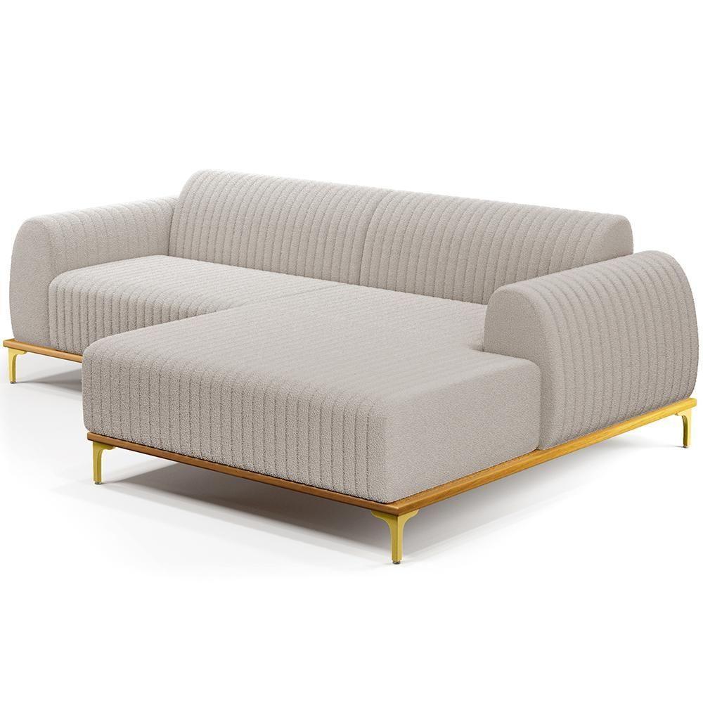 Sofá 3 Lugares Chaise Direito Sala Molino 245cm D02 Pés de ouro Bouclê Creme B-54 - 1
