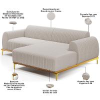 Sofá 3 Lugares Chaise Direito Sala Molino 245cm D02 Pés de ouro Bouclê Creme B-54 - 7
