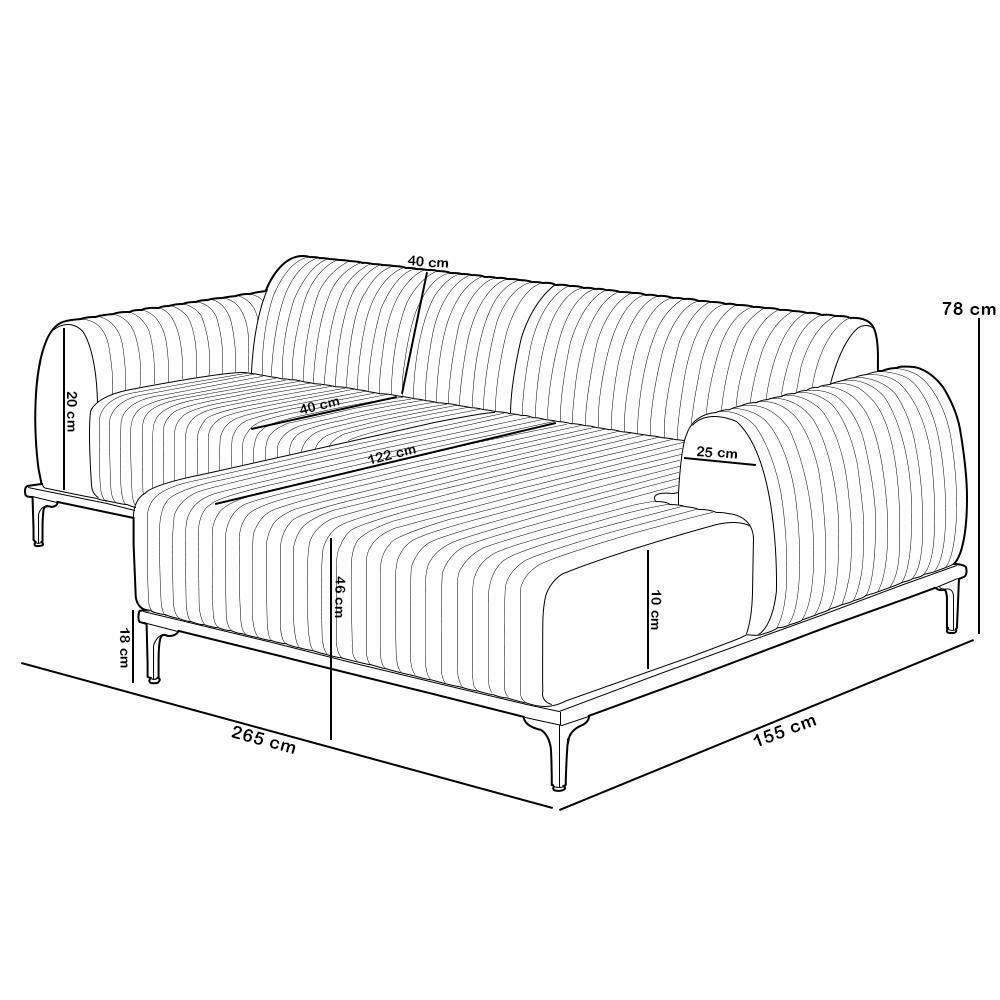 Sofá 4 Lugares Chaise Direito Sala Molino 265cm D02 Pés de ouro Bouclê Creme B-54 - 3