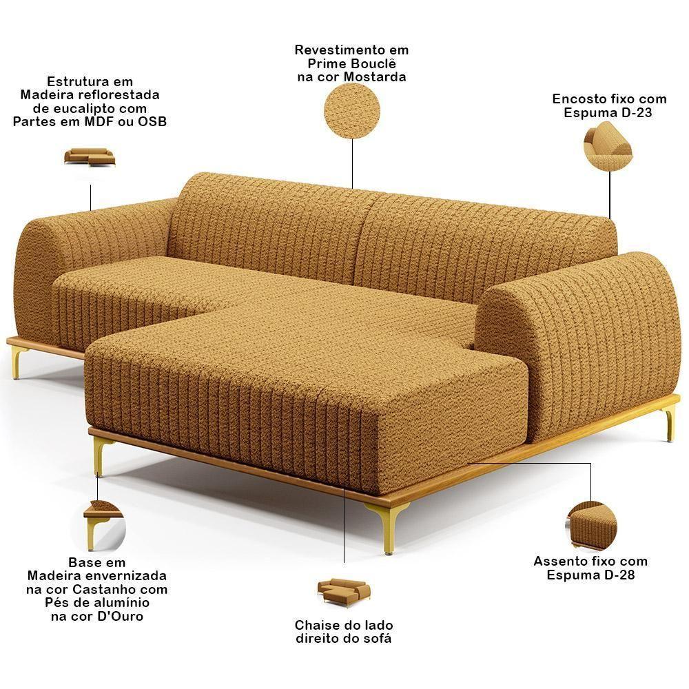 Sofá 5 Lugares Chaise Direito Sala Molino 320cm D02 Pés de ouro Prime Bouclê Mostarda Pb-03 - 7