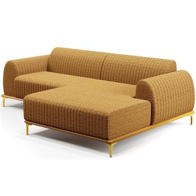 Sofá 5 Lugares Chaise Direito Sala Molino 320cm D02 Pés de ouro Prime Bouclê Mostarda Pb-03
