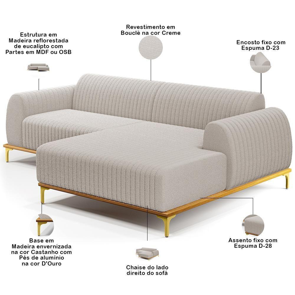 Sofá 5 Lugares Chaise Direito Sala Molino 350cm D02 Pés de ouro Bouclê Creme B-54 - 7