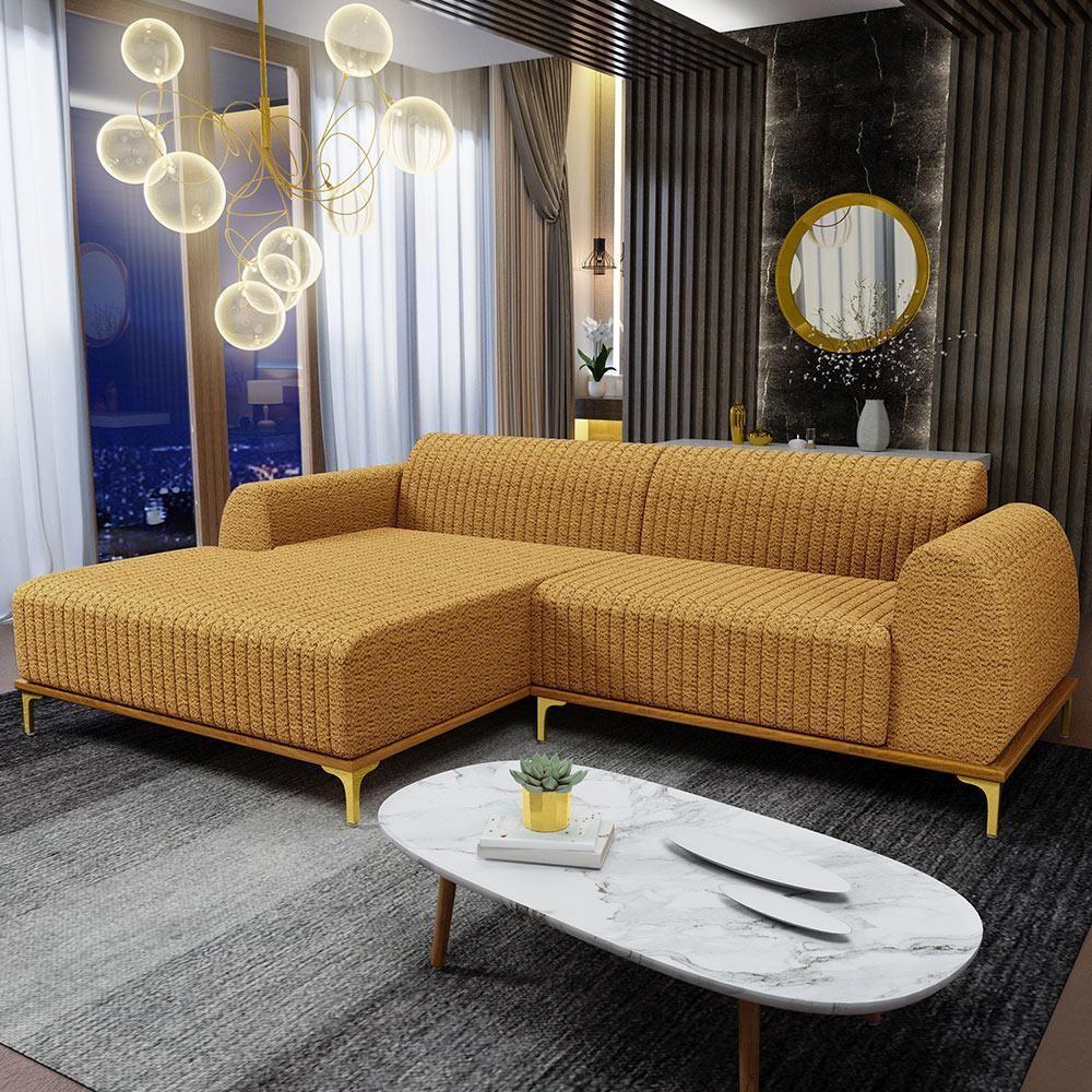 Sofá 5 Lugares Chaise Esquerdo Sala Molino 350cm D02 Pés de ouro Prime Bouclê Mostarda Pb-03 - 6