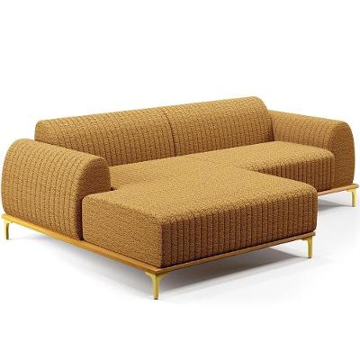 Sofá 5 Lugares Chaise Esquerdo Sala Molino 350cm D02 Pés de ouro Prime Bouclê Mostarda Pb-03