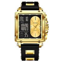 Relógio Quadrado De Quartzo Masculino Dual Display Impermeável Pulseira De Silicone Dourado - 1