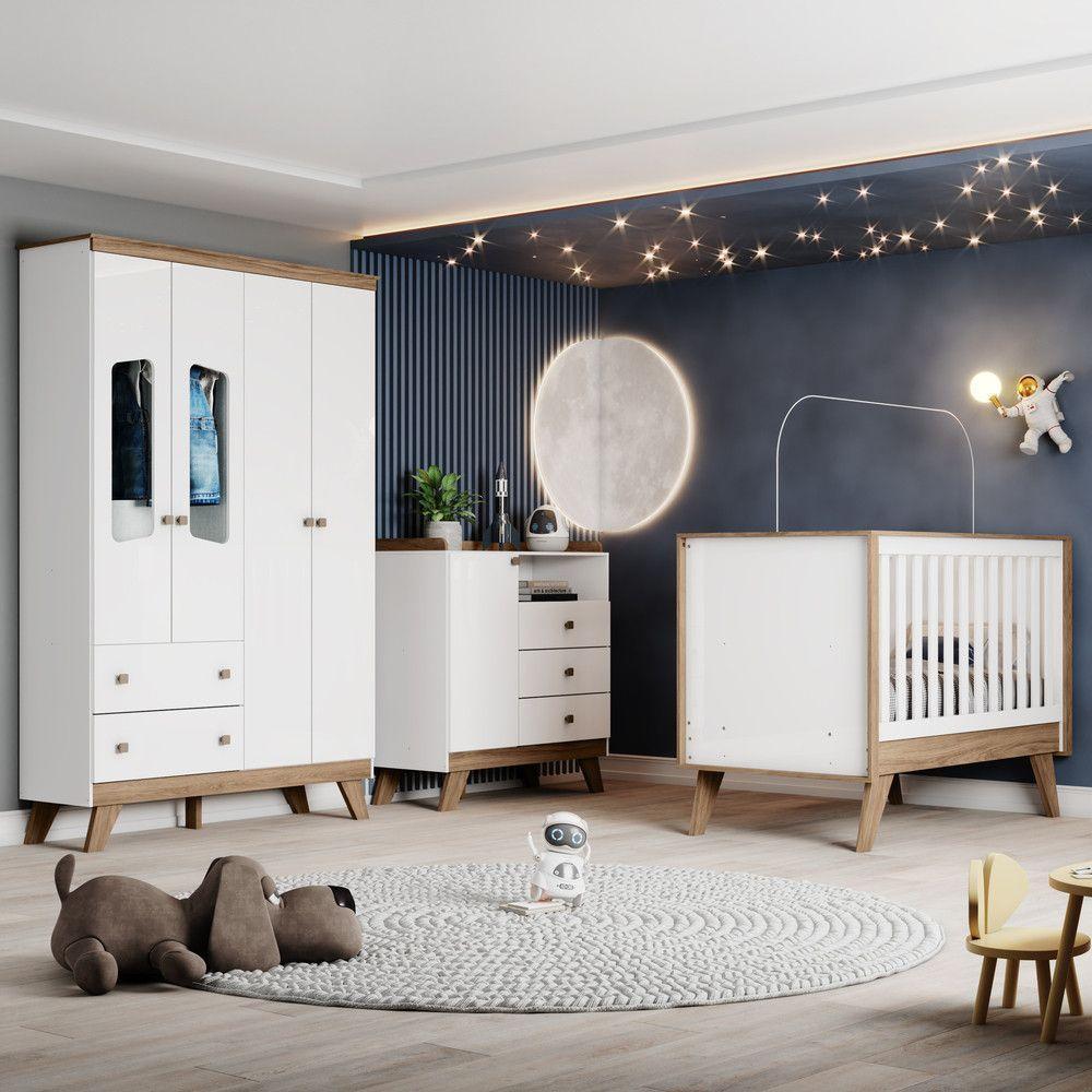 Quarto Bebê Guarda Roupa 4 Pts Cômoda Berço Aurora Casa 812 Branco Com Jequitibá Hp - 1