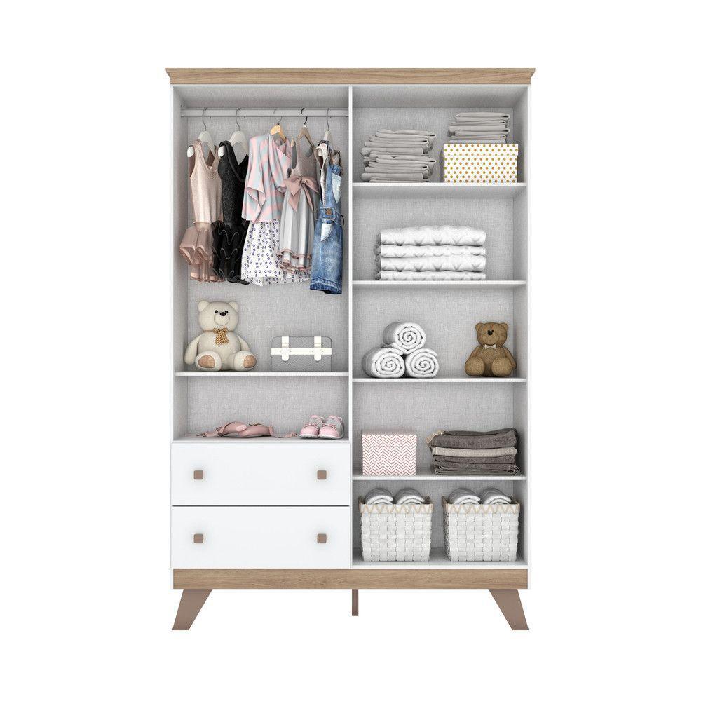 Quarto Bebê Guarda Roupa 4 Pts Cômoda Berço Aurora Casa 812 Branco Com Jequitibá Hp - 7