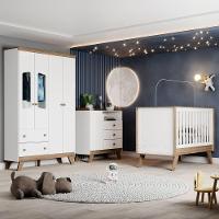 Quarto Bebê Guarda Roupa 4 Pts Cômoda Berço Aurora Casa 812 Branco Com Jequitibá Hp - 1