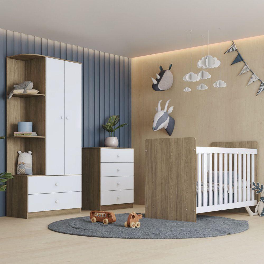 Quarto Bebê Guarda Roupa 4 Pts Cômoda Berço Sophia Casa 812 Rústico Com Branco - 1