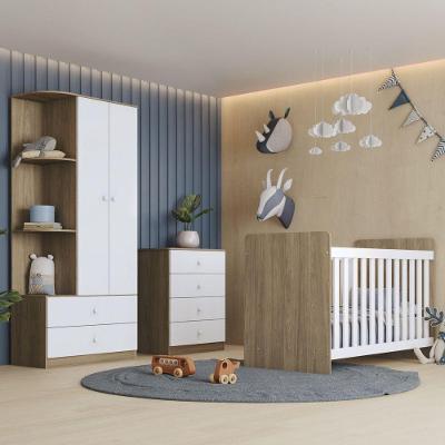 Quarto Bebê Sophia com Berço Cômoda 4 Gavetas Roupeiro 2 Portas MDP Branco Rústico Casa 812