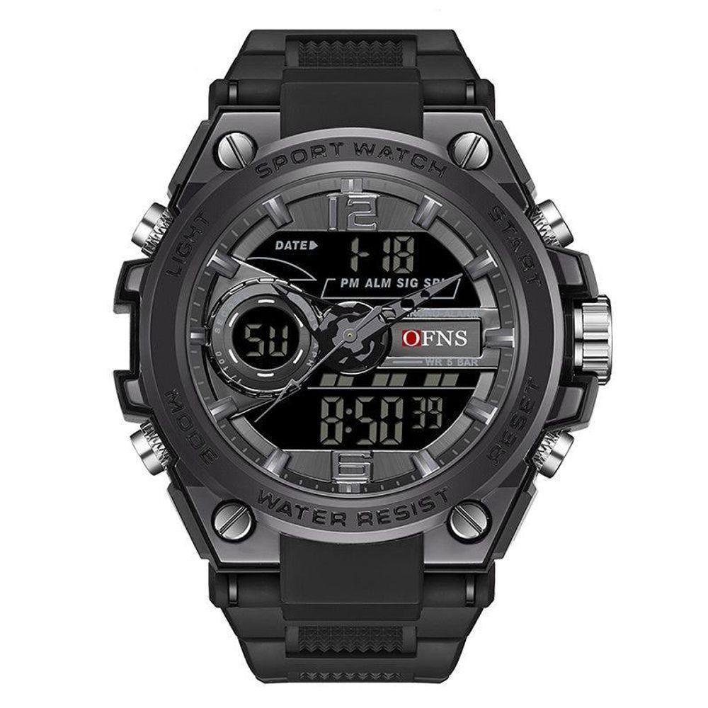 Relógio Eletrônico à Prova D\'água Para Esportes Com Visor Duplo E Luz Noturna Preto - 1