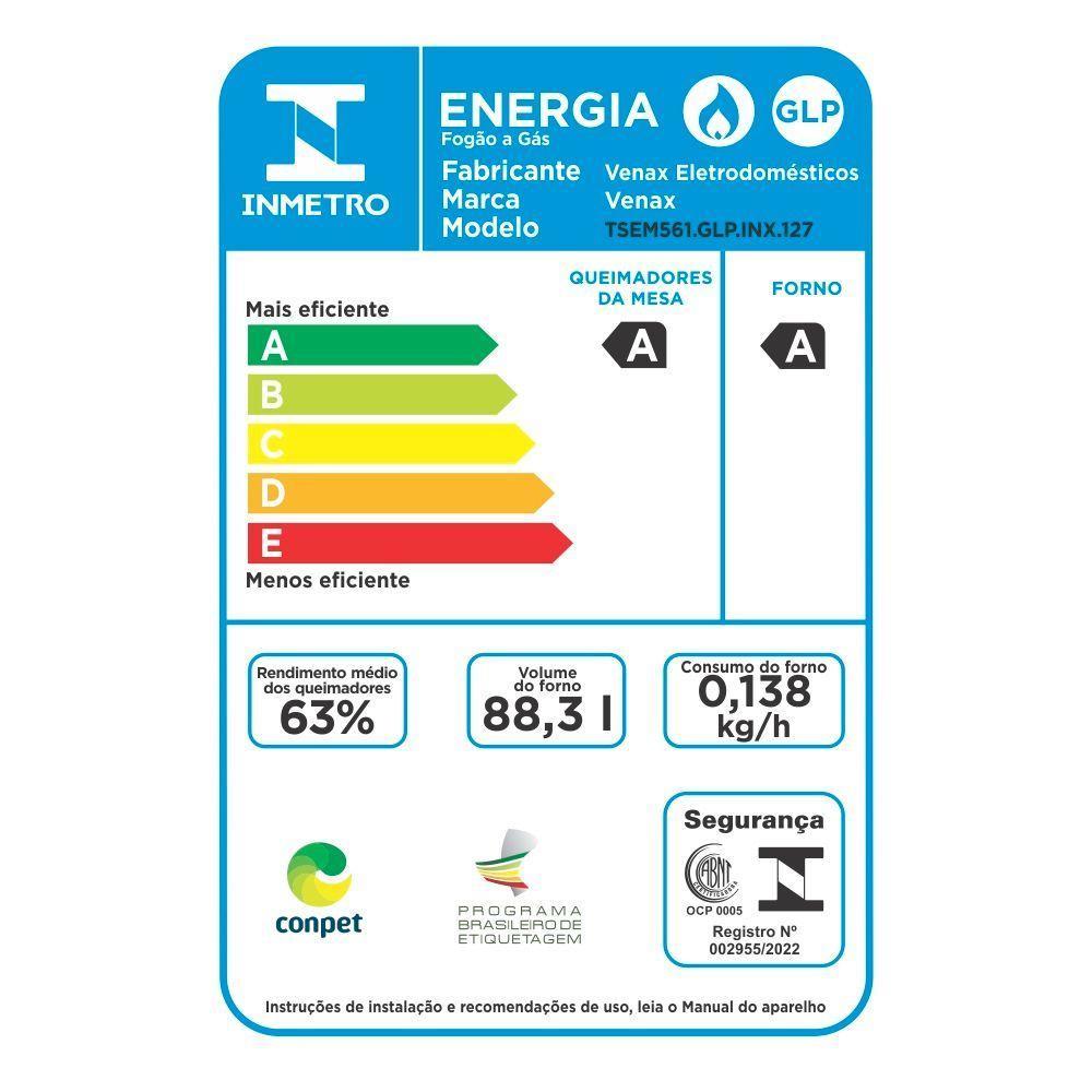 Fogão De Embutir 5 Bocas Venax Temis Inox Gás GLP 127V - 6