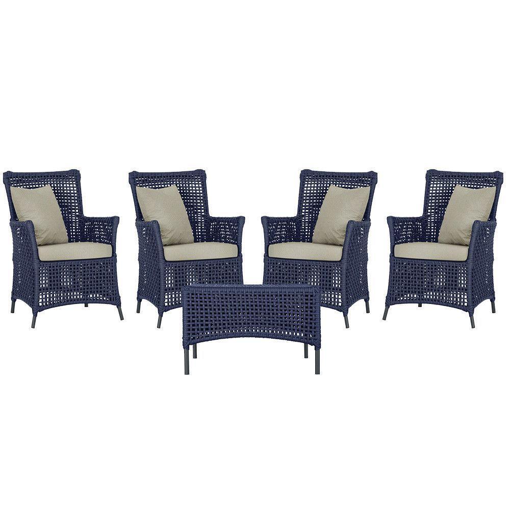 4 Poltronas E 1 Mesa Igapó Alumínio Preta Corda Náutica E7 Azul - 1