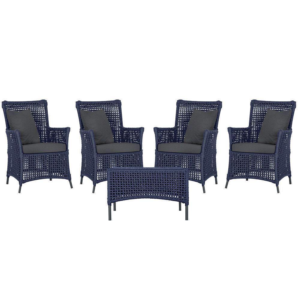 4 Poltronas E 1 Mesa Igapó Alumínio Preta Corda Náutica E11 Azul - 1