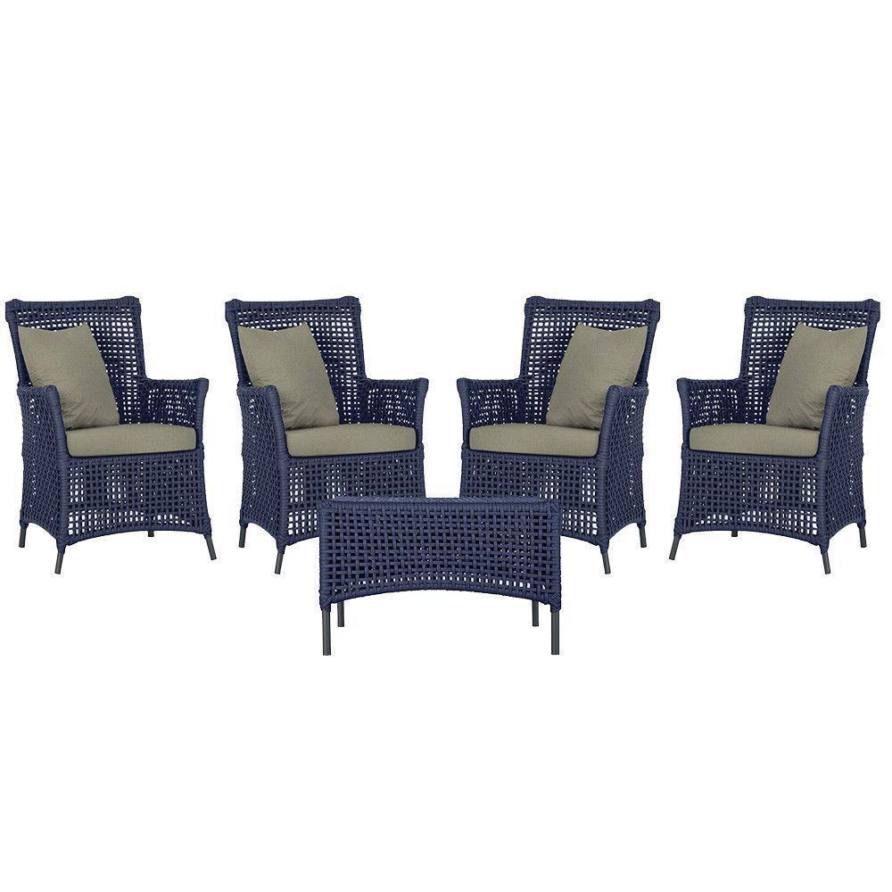 4 Poltronas E 1 Mesa Igapó Alumínio Preta Corda Náutica E8 Azul - 1