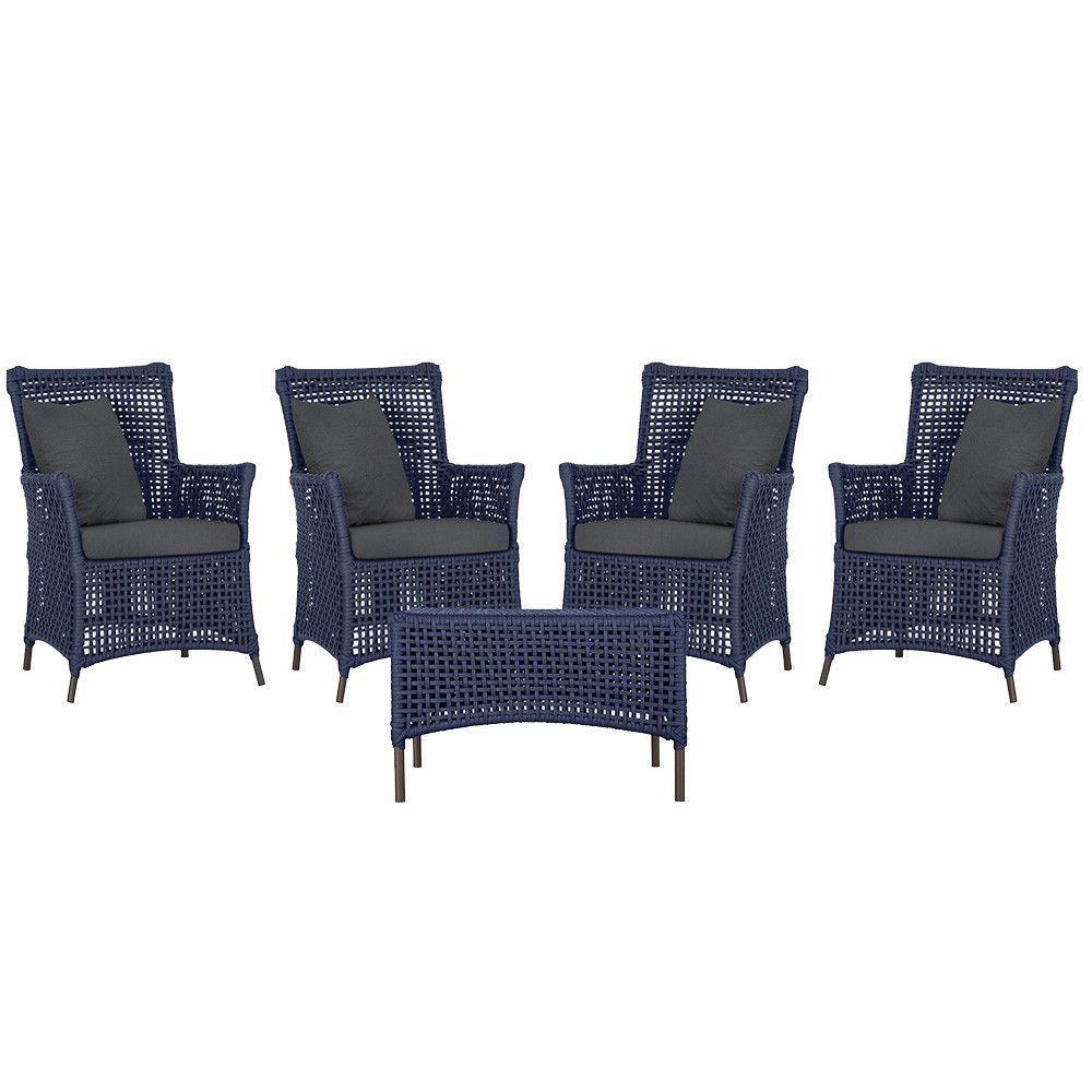 4 Poltronas E 1 Mesa Igapó Alumínio Marrom Corda Náutica E11 Azul - 1