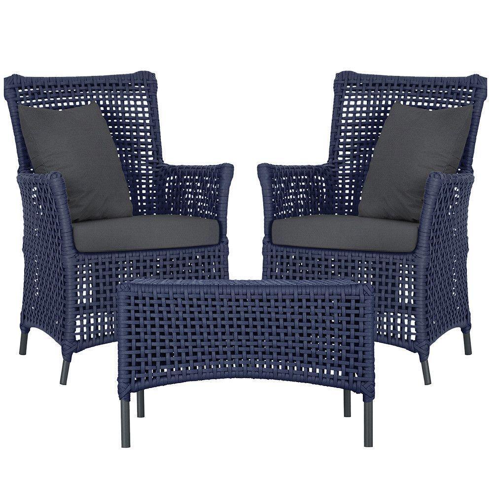 2 Poltronas E 1 Mesa Igapó Alumínio Preta Corda Náutica E11 Azul - 1