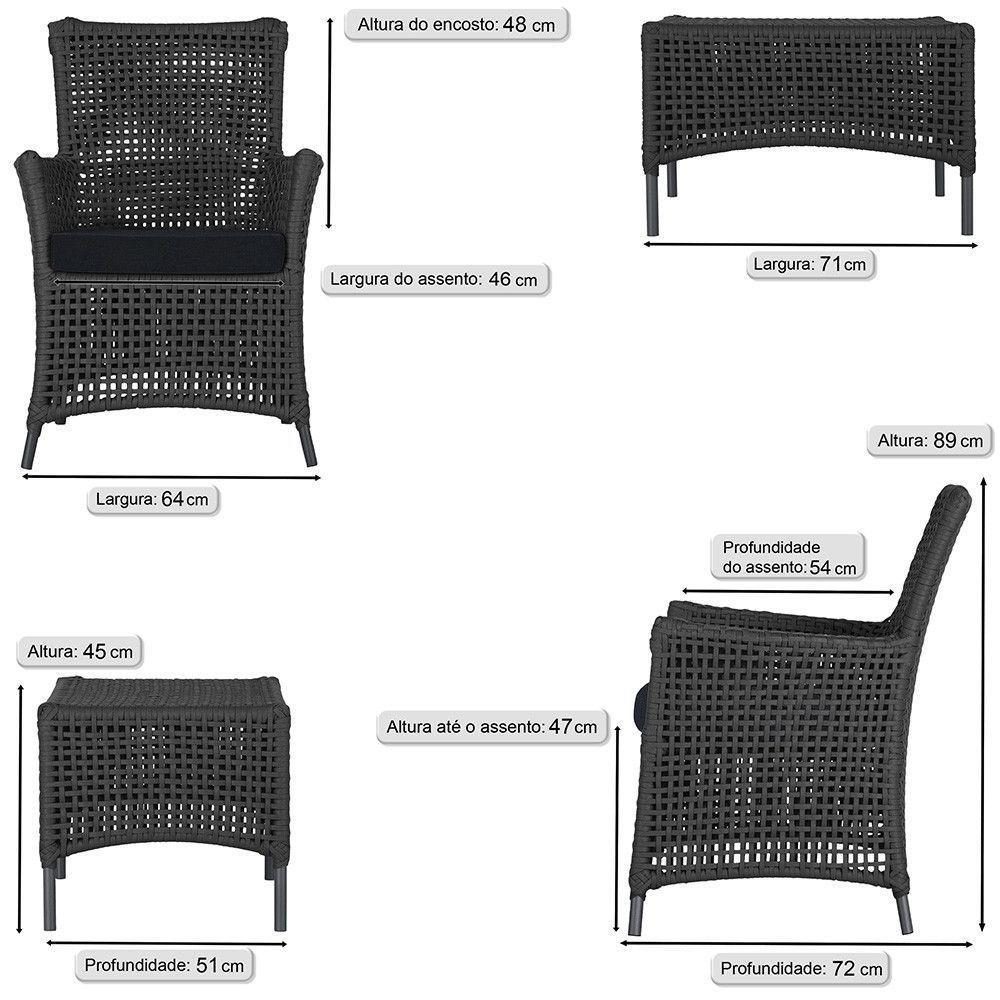 2 Poltronas E 1 Mesa Igapó Alumínio Preta Corda Náutica E12 Preto - 6