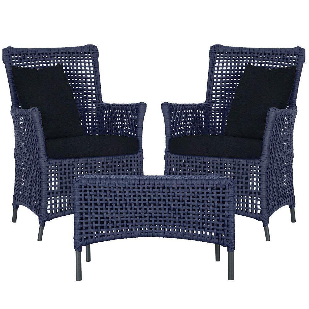 2 Poltronas E 1 Mesa Igapó Alumínio Preta Corda Náutica E12 Azul - 1