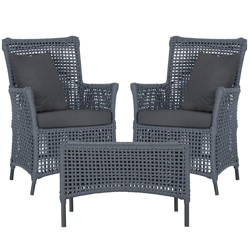 2 Poltronas E 1 Mesa Igapó Alumínio Preta Corda Náutica E11 Prata - 1