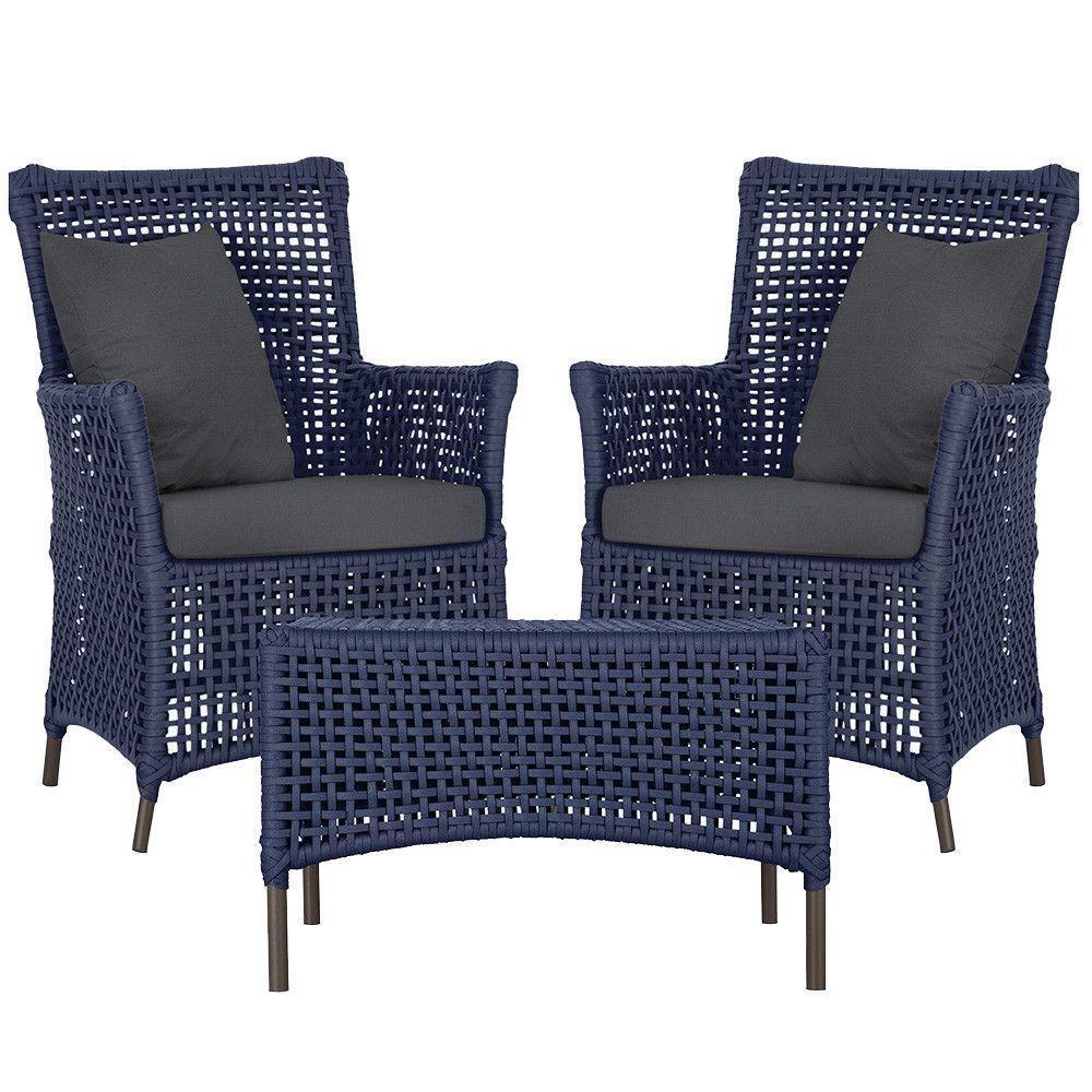 2 Poltronas E 1 Mesa Igapó Alumínio Marrom Corda Náutica E11 Azul - 1