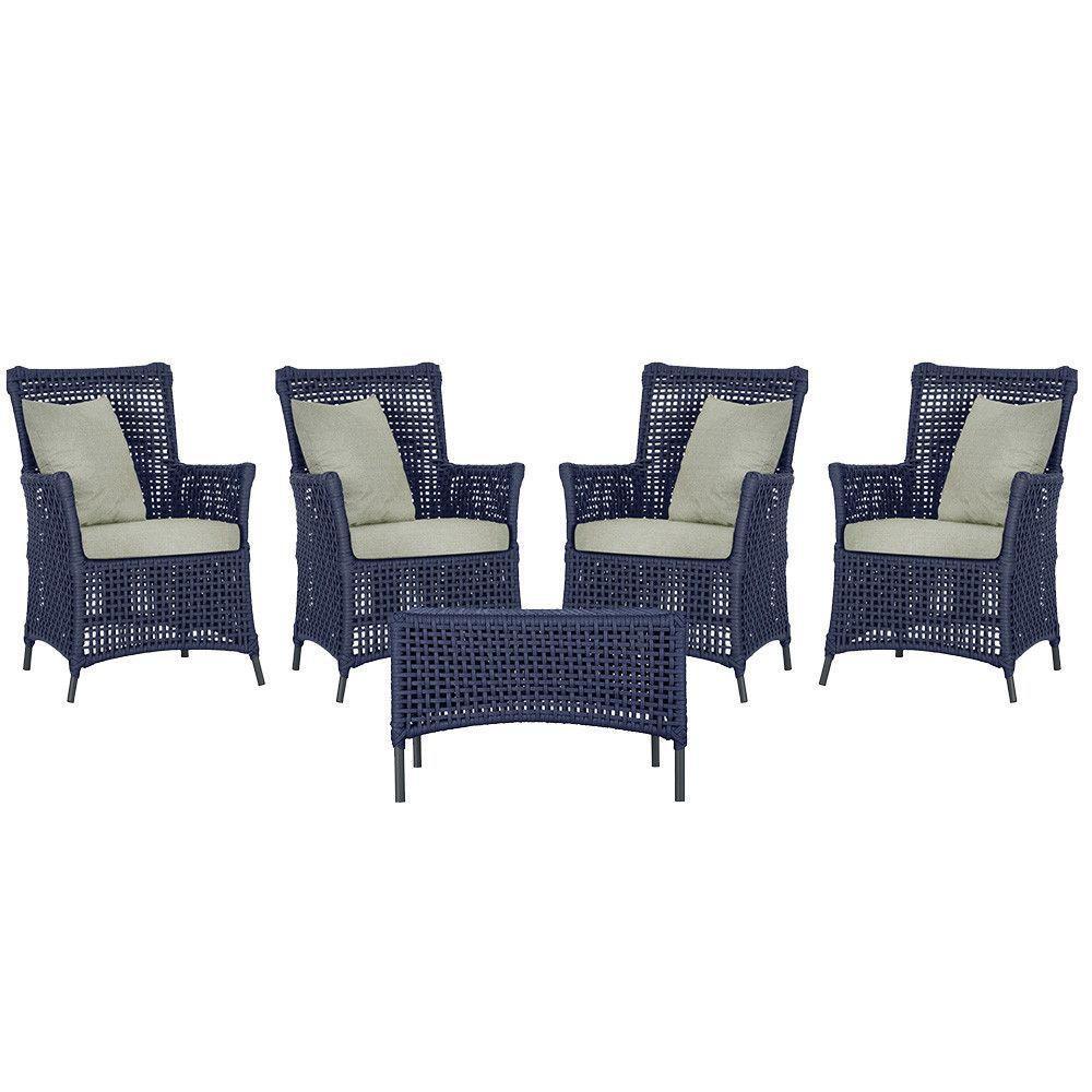 4 Poltronas E 1 Mesa Igapó Alumínio Preta Corda Náutica E3 Azul - 1